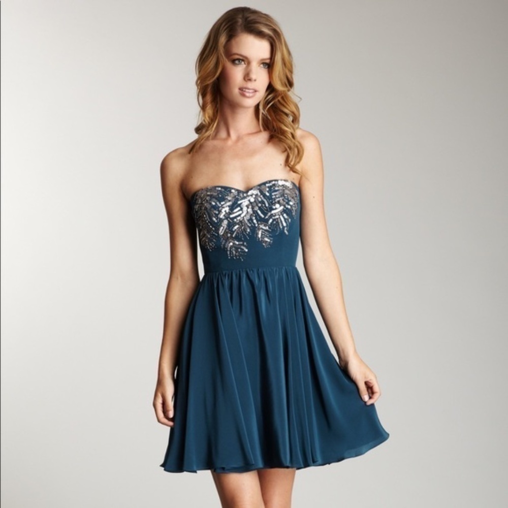 Rebecca Taylor Beaded Feather Strapless Silk Dress